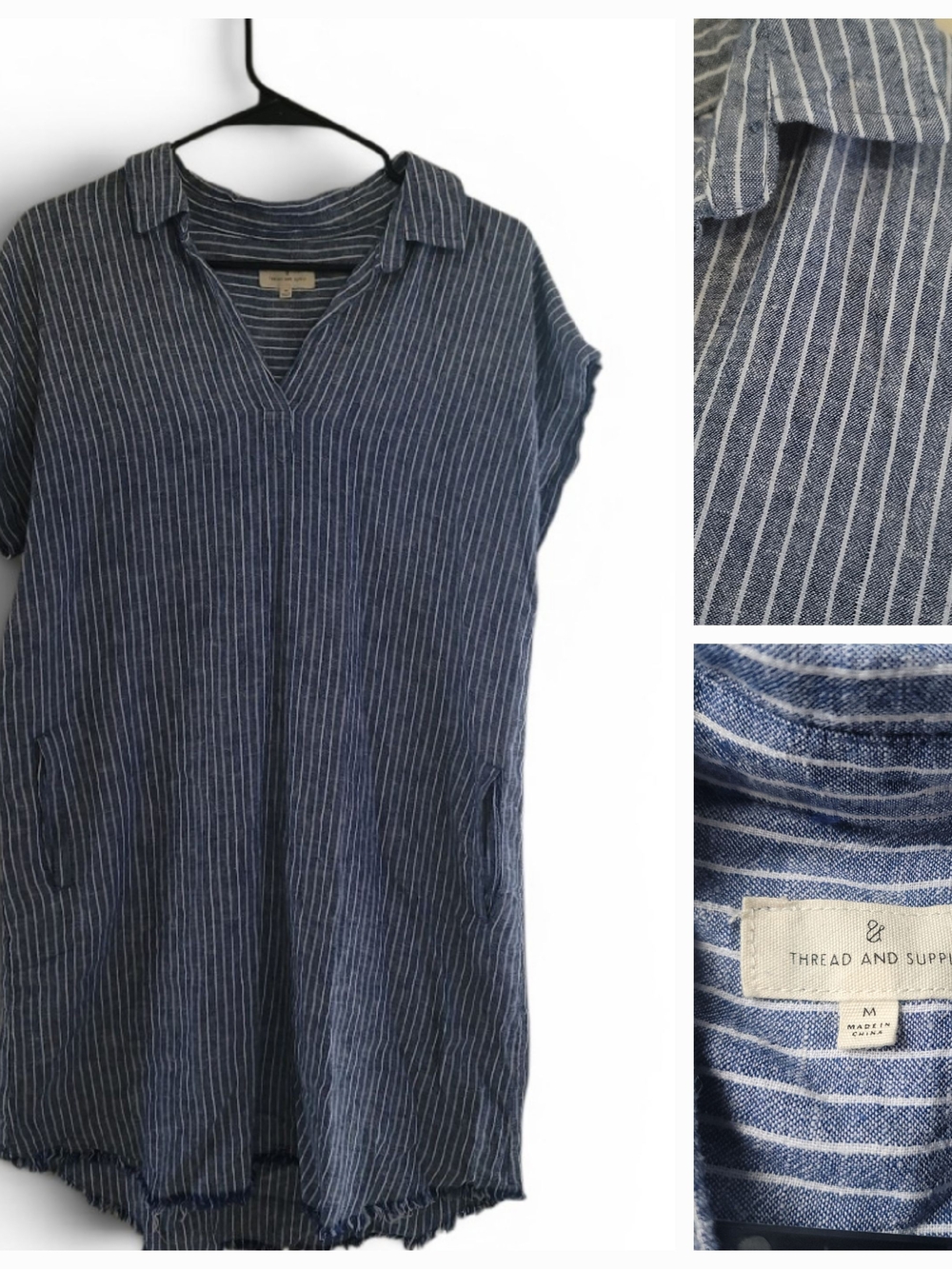 Thread & Supply Linen Blend Striped Shirt Dress Blue White Sz M Fray Hem Pockets